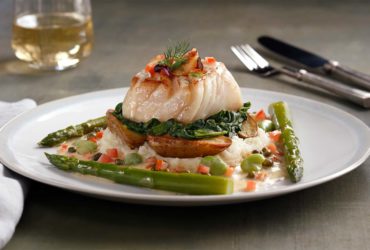 Pan-seared halibut, fingerling potatoes, spinach, fava beans, sautéed asparagus, lemon dill beurre blanc