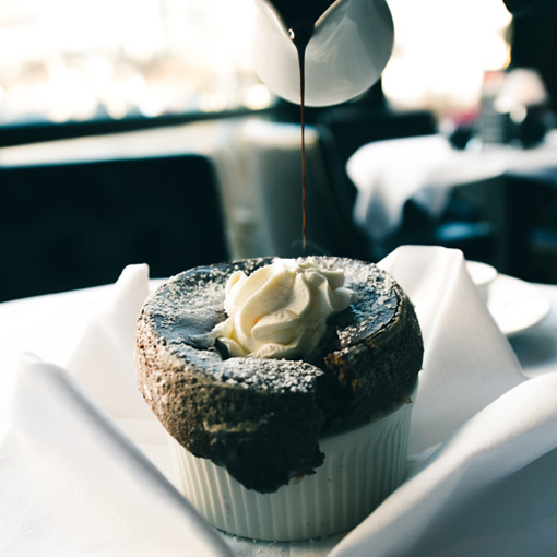 A drizzle of Dutch chocolate on Chandlers soufflé