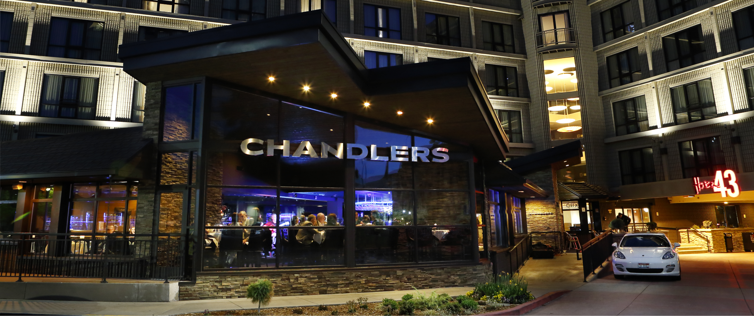 Chandlers Steakhouse at Hotel 43 in downtown Boise at dusk
